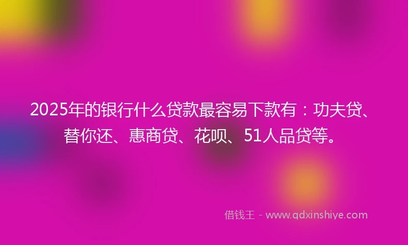 2025年的银行什么贷款最容易下款有：功夫贷、替你还、惠商贷、花呗、51人品贷等。