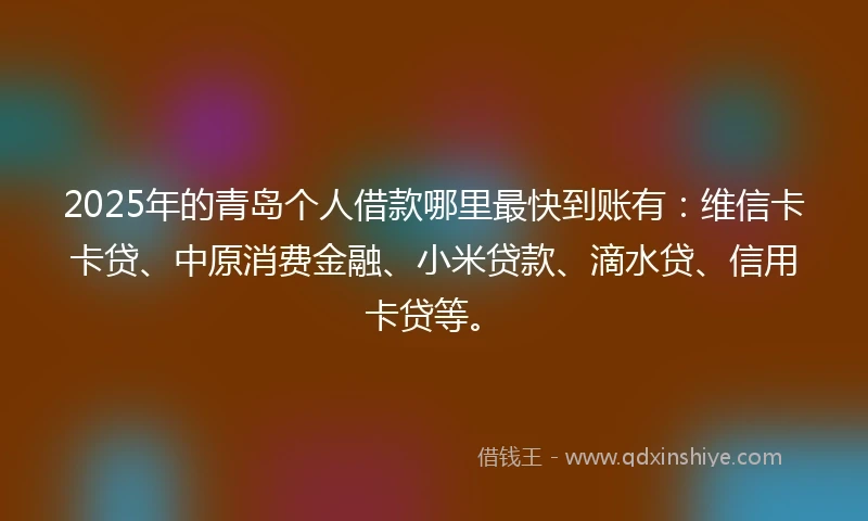 2025年的青岛个人借款哪里最快到账有：维信卡卡贷、中原消费金融、小米贷款、滴水贷、信用卡贷等。