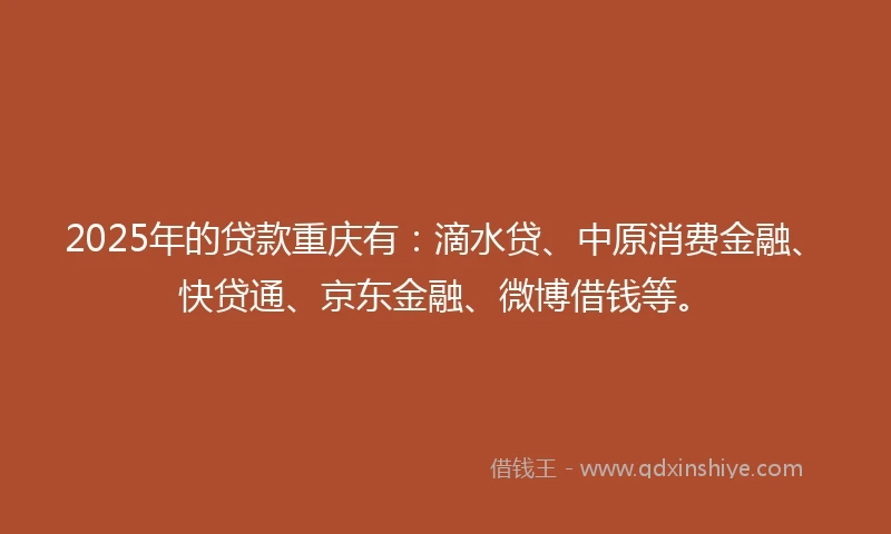 2025年的贷款重庆有：滴水贷、中原消费金融、快贷通、京东金融、微博借钱等。