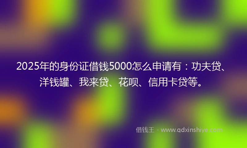 2025年的身份证借钱5000怎么申请有:功夫贷、洋钱罐、我来贷、花呗、信用卡贷等。