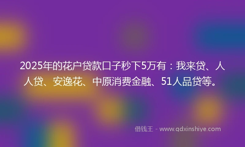 2025年的花户贷款口子秒下5万有：我来贷、人人贷、安逸花、中原消费金融、51人品贷等。