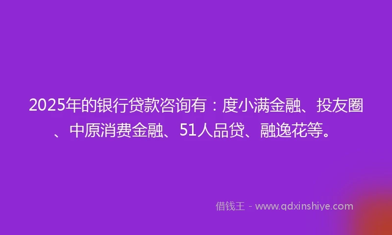 2025年的银行贷款咨询有：度小满金融、投友圈、中原消费金融、51人品贷、融逸花等。