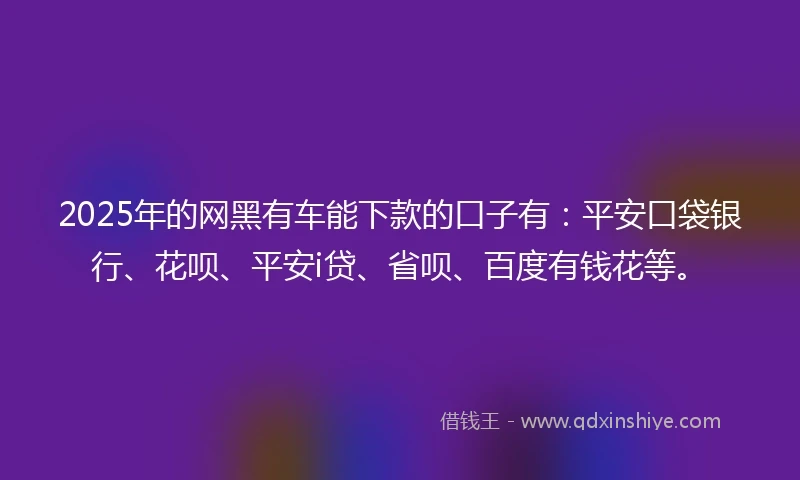 2025年的网黑有车能下款的口子有：平安口袋银行、花呗、平安i贷、省呗、百度有钱花等。