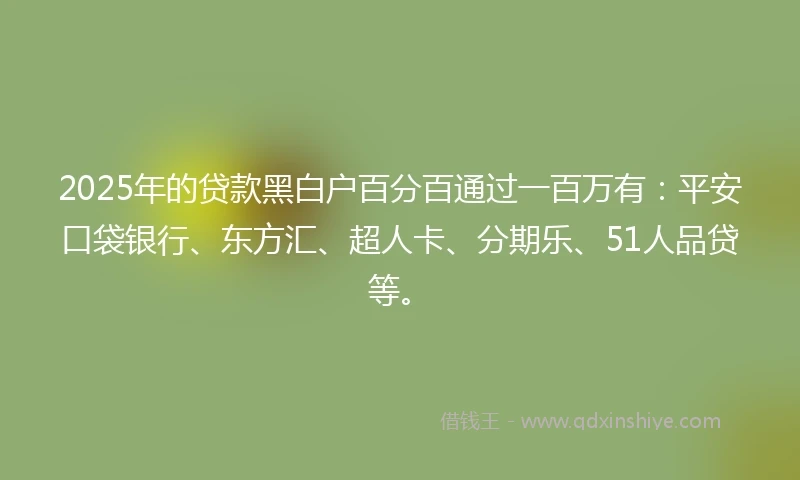 2025年的贷款黑白户百分百通过一百万有:平安口袋银行、东方汇、超人卡、分期乐、51人品贷等。