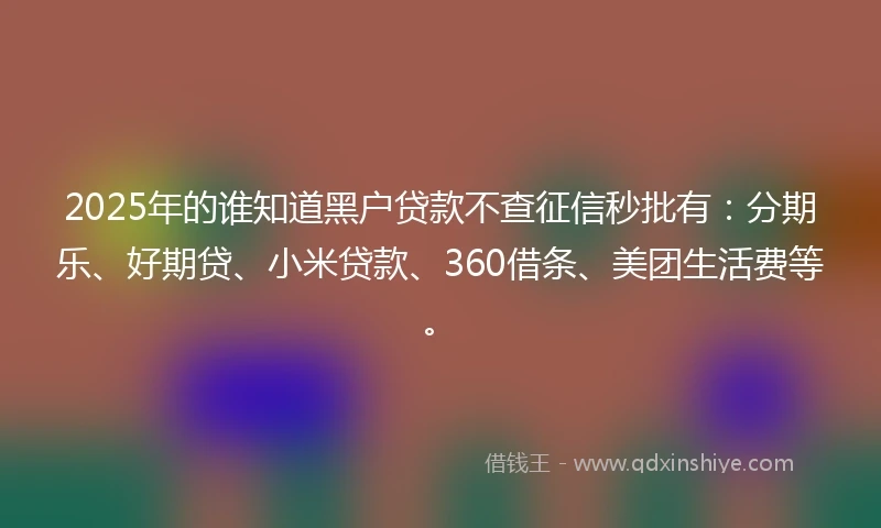 2025年的谁知道黑户贷款不查征信秒批有：分期乐、好期贷、小米贷款、360借条、美团生活费等。