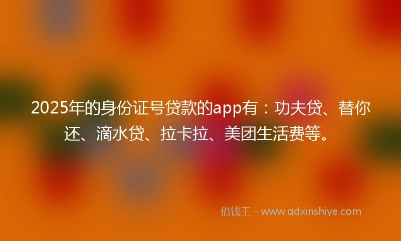 2025年的身份证号贷款的app有：功夫贷、替你还、滴水贷、拉卡拉、美团生活费等。