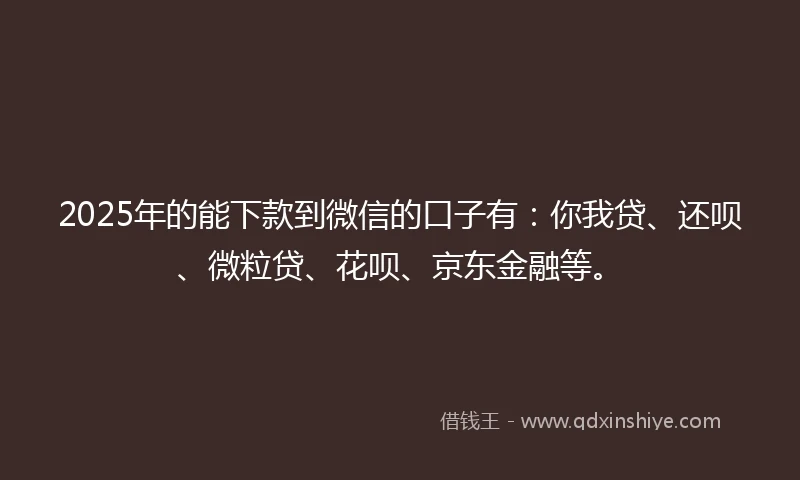2025年的能下款到微信的口子有：你我贷、还呗、微粒贷、花呗、京东金融等。