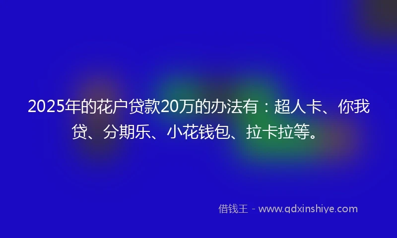 2025年的花户贷款20万的办法有：超人卡、你我贷、分期乐、小花钱包、拉卡拉等。