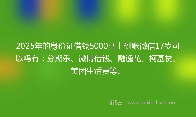 2025年的身份证借钱5000马上到账微信17岁可以吗有：分期乐、微博借钱、融逸花、柯基贷、美团生活费等。