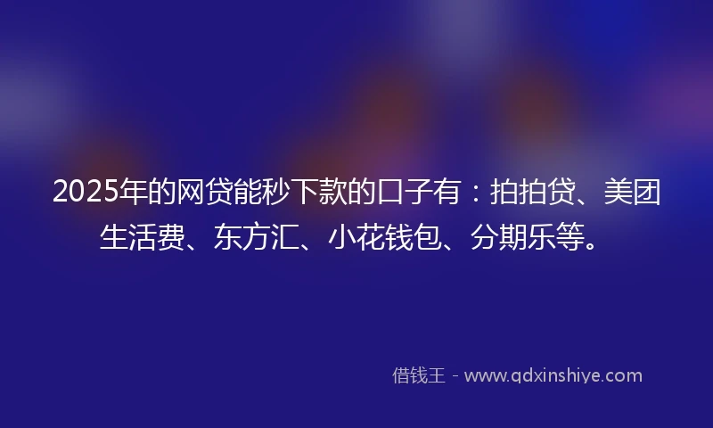 2025年的网贷能秒下款的口子有：拍拍贷、美团生活费、东方汇、小花钱包、分期乐等。