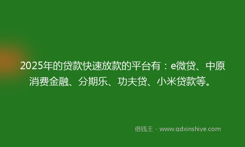 2025年的贷款快速放款的平台有：e微贷、中原消费金融、分期乐、功夫贷、小米贷款等。