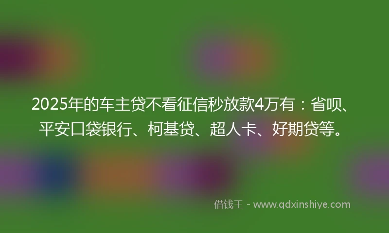 2025年的车主贷不看征信秒放款4万有：省呗、平安口袋银行、柯基贷、超人卡、好期贷等。
