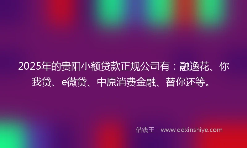 2025年的贵阳小额贷款正规公司有：融逸花、你我贷、e微贷、中原消费金融、替你还等。