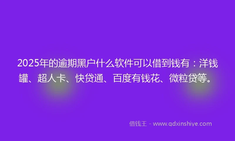 2025年的逾期黑户什么软件可以借到钱有：洋钱罐、超人卡、快贷通、百度有钱花、微粒贷等。
