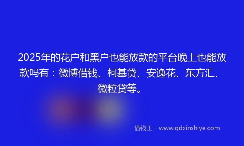 2025年的花户和黑户也能放款的平台晚上也能放款吗有：微博借钱、柯基贷、安逸花、东方汇、微粒贷等。