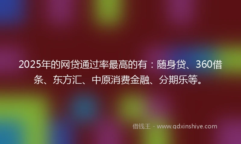 2025年的网贷通过率最高的有：随身贷、360借条、东方汇、中原消费金融、分期乐等。