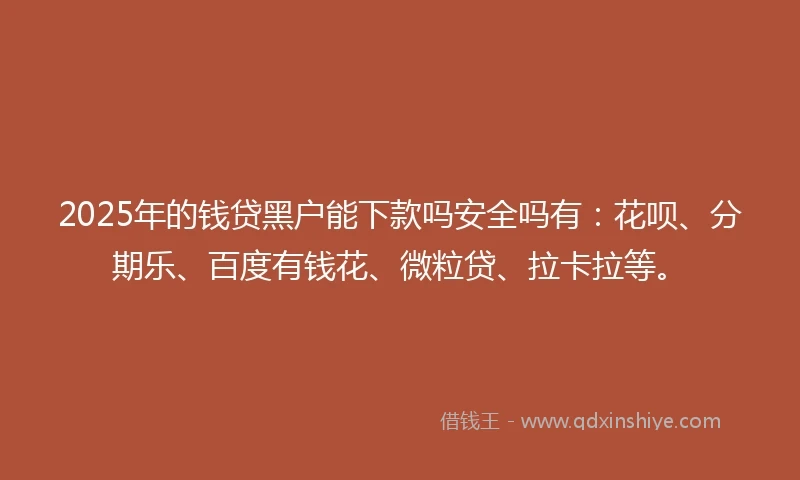 2025年的钱贷黑户能下款吗安全吗有：花呗、分期乐、百度有钱花、微粒贷、拉卡拉等。