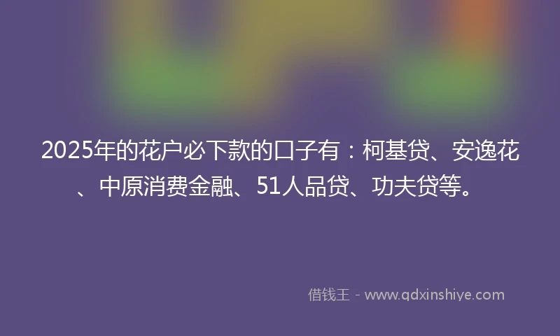 2025年的花户必下款的口子有：柯基贷、安逸花、中原消费金融、51人品贷、功夫贷等。