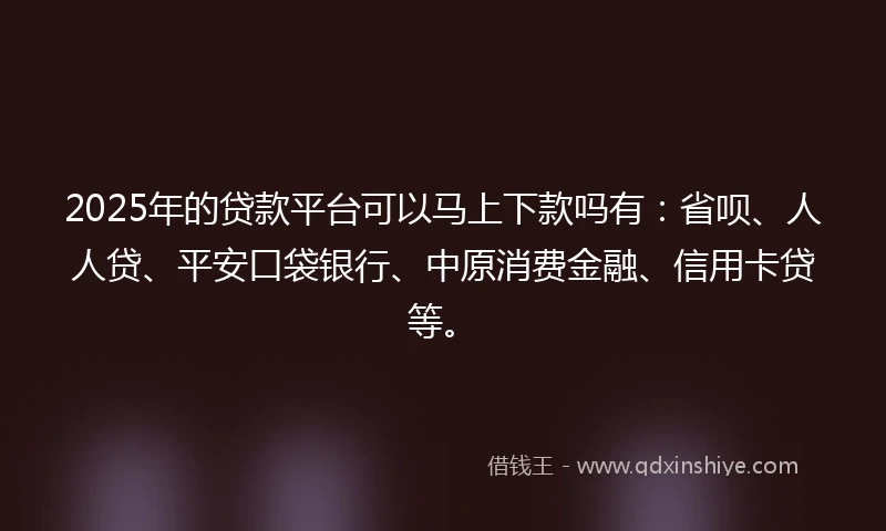 2025年的贷款平台可以马上下款吗有：省呗、人人贷、平安口袋银行、中原消费金融、信用卡贷等。