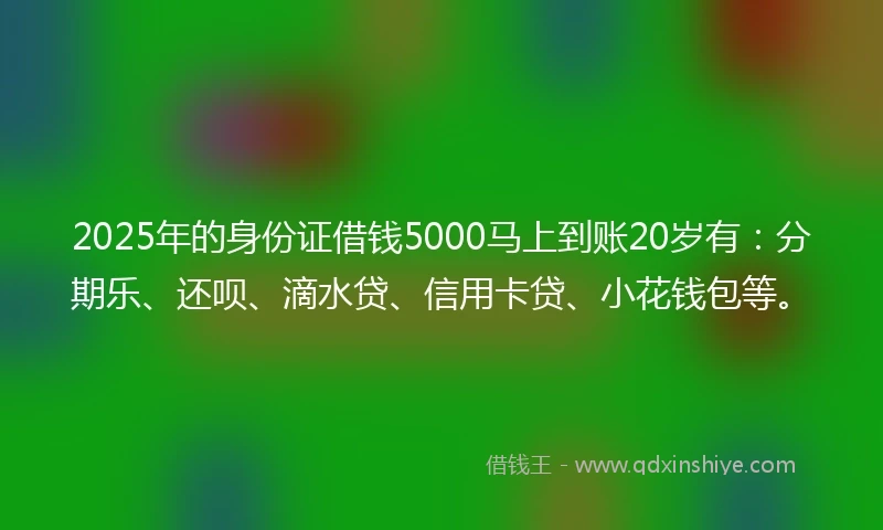 2025年的身份证借钱5000马上到账20岁有：分期乐、还呗、滴水贷、信用卡贷、小花钱包等。