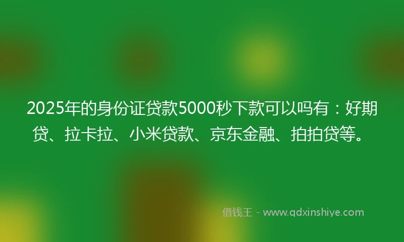 2025年的身份证贷款5000秒下款可以吗有:好期贷、拉卡拉、小米贷款、京东金融、拍拍贷等。