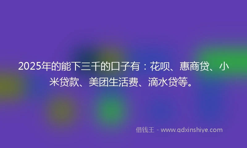 2025年的能下三千的口子有：花呗、惠商贷、小米贷款、美团生活费、滴水贷等。