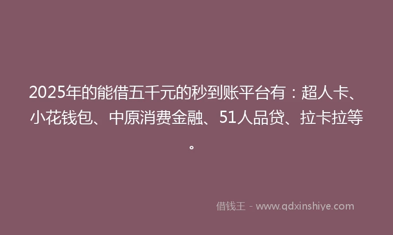 2025年的能借五千元的秒到账平台有：超人卡、小花钱包、中原消费金融、51人品贷、拉卡拉等。