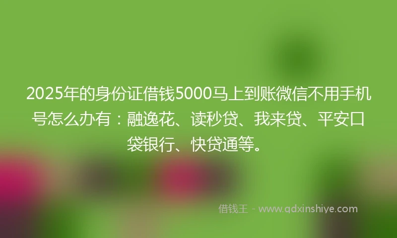 2025年的身份证借钱5000马上到账微信不用手机号怎么办有：融逸花、读秒贷、我来贷、平安口袋银行、快贷通等。