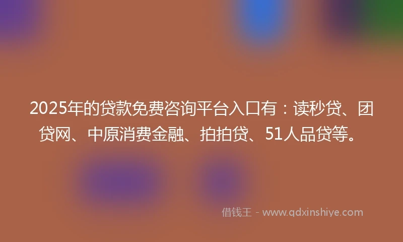 2025年的贷款免费咨询平台入口有：读秒贷、团贷网、中原消费金融、拍拍贷、51人品贷等。