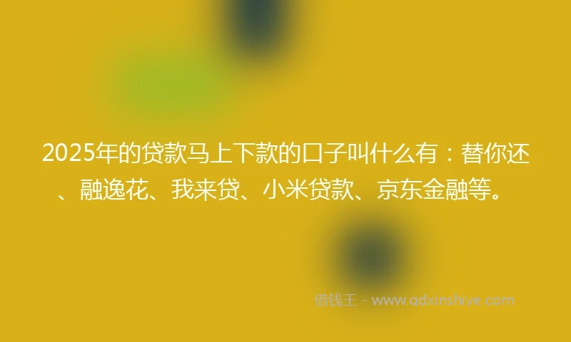 2025年的贷款马上下款的口子叫什么有：替你还、融逸花、我来贷、小米贷款、京东金融等。