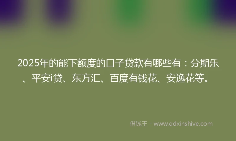 2025年的能下额度的口子贷款有哪些有：分期乐、平安i贷、东方汇、百度有钱花、安逸花等。