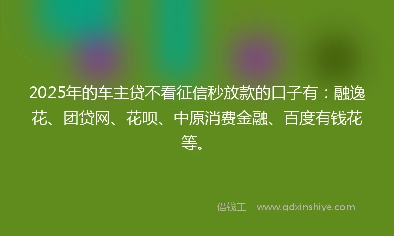 2025年的车主贷不看征信秒放款的口子有：融逸花、团贷网、花呗、中原消费金融、百度有钱花等。