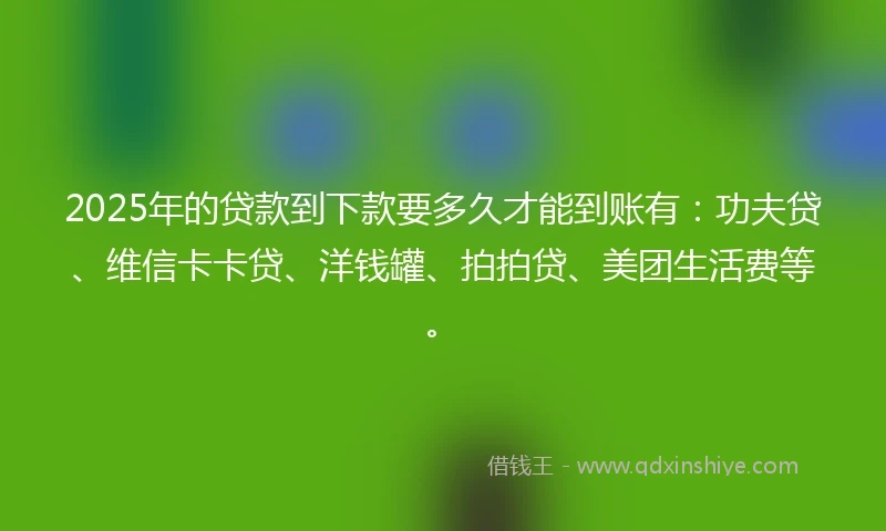 2025年的贷款到下款要多久才能到账有：功夫贷、维信卡卡贷、洋钱罐、拍拍贷、美团生活费等。