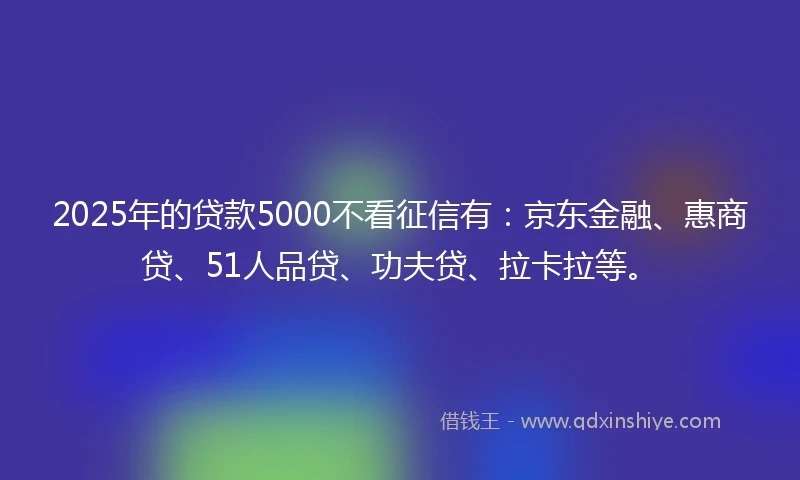 2025年的贷款5000不看征信有:京东金融、惠商贷、51人品贷、功夫贷、拉卡拉等。