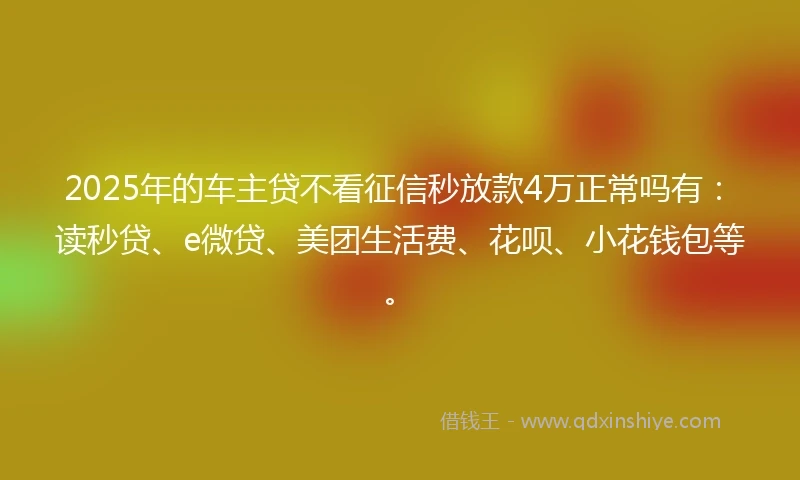 2025年的车主贷不看征信秒放款4万正常吗有：读秒贷、e微贷、美团生活费、花呗、小花钱包等。