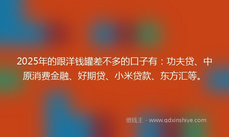 2025年的跟洋钱罐差不多的口子有：功夫贷、中原消费金融、好期贷、小米贷款、东方汇等。