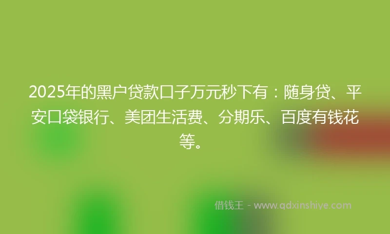 2025年的黑户贷款口子万元秒下有：随身贷、平安口袋银行、美团生活费、分期乐、百度有钱花等。