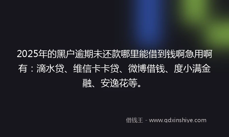 2025年的黑户逾期未还款哪里能借到钱啊急用啊有：滴水贷、维信卡卡贷、微博借钱、度小满金融、安逸花等。