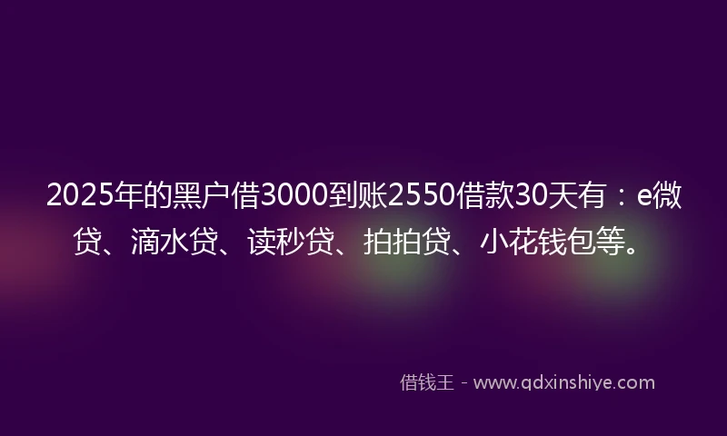2025年的黑户借3000到账2550借款30天有：e微贷、滴水贷、读秒贷、拍拍贷、小花钱包等。