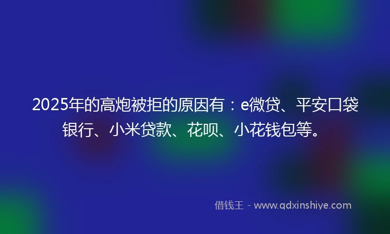 2025年的高炮被拒的原因有:e微贷、平安口袋银行、小米贷款、花呗、小花钱包等。