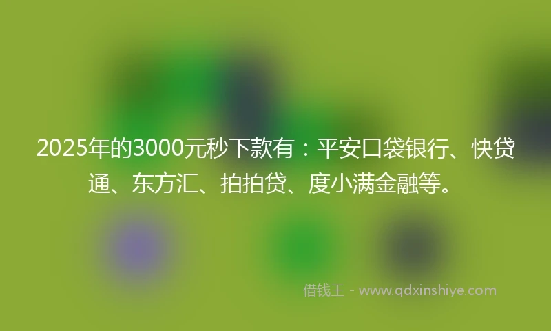 2025年的3000元秒下款有：平安口袋银行、快贷通、东方汇、拍拍贷、度小满金融等。