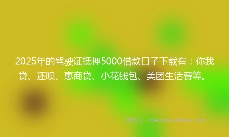 2025年的驾驶证抵押5000借款口子下载有：你我贷、还呗、惠商贷、小花钱包、美团生活费等。