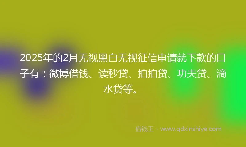 2025年的2月无视黑白无视征信申请就下款的口子有：微博借钱、读秒贷、拍拍贷、功夫贷、滴水贷等。
