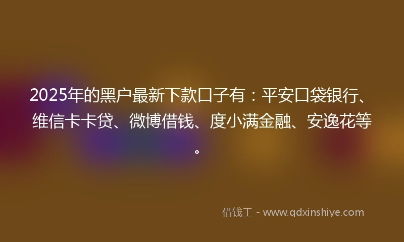 2025年的黑户最新下款口子有：平安口袋银行、维信卡卡贷、微博借钱、度小满金融、安逸花等。