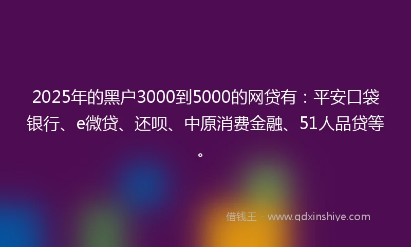 2025年的黑户3000到5000的网贷有：平安口袋银行、e微贷、还呗、中原消费金融、51人品贷等。