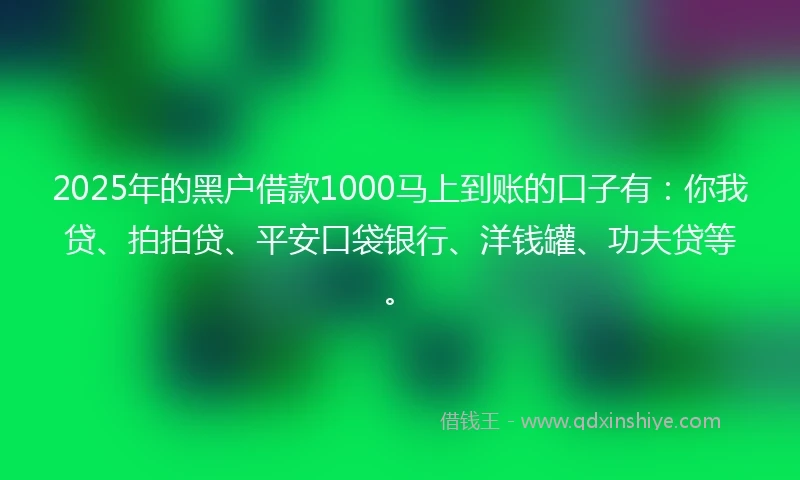 2025年的黑户借款1000马上到账的口子有：你我贷、拍拍贷、平安口袋银行、洋钱罐、功夫贷等。