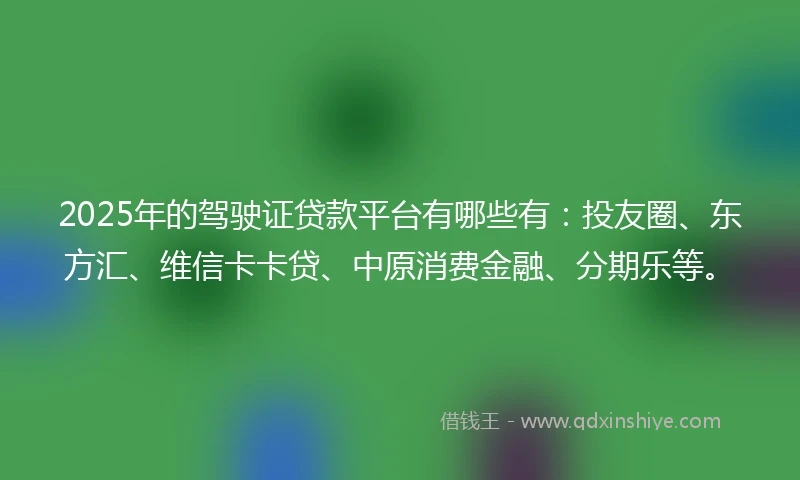 2025年的驾驶证贷款平台有哪些有：投友圈、东方汇、维信卡卡贷、中原消费金融、分期乐等。