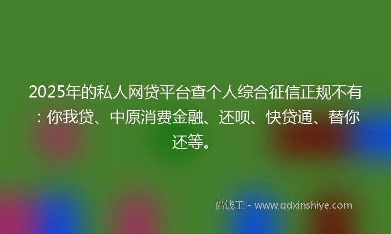 2025年的私人网贷平台查个人综合征信正规不有：你我贷、中原消费金融、还呗、快贷通、替你还等。