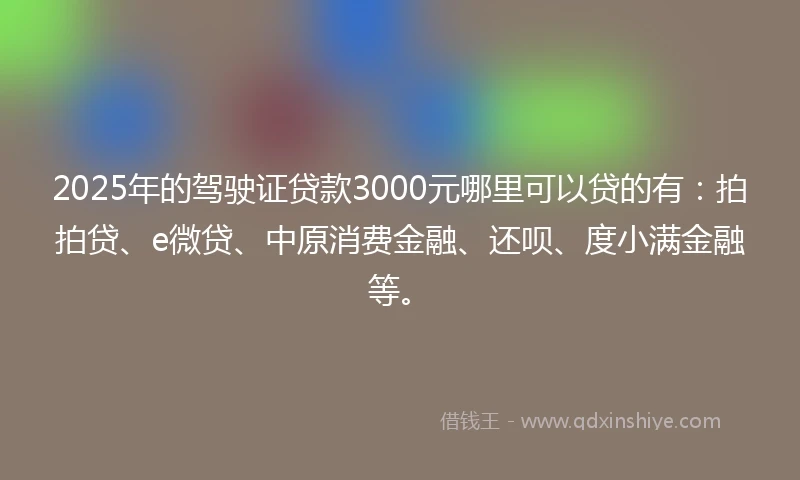 2025年的驾驶证贷款3000元哪里可以贷的有：拍拍贷、e微贷、中原消费金融、还呗、度小满金融等。