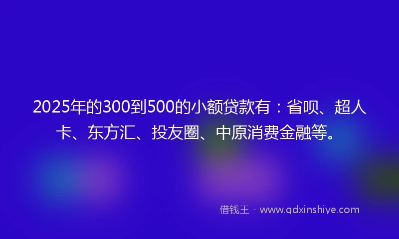 2025年的300到500的小额贷款有：省呗、超人卡、东方汇、投友圈、中原消费金融等。